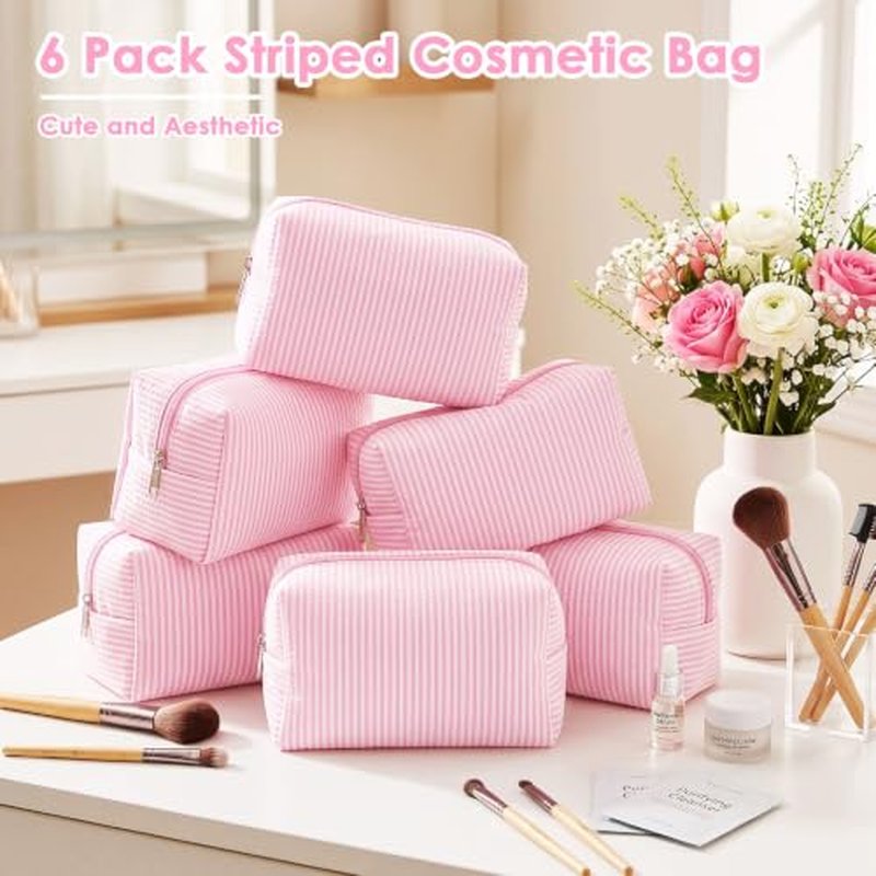 6-Pack Cute Seersucker Makeup Bags - Portable Travel Organizer