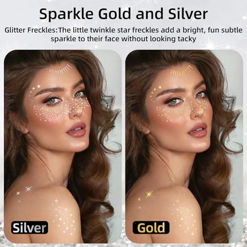 Glitter Freckles Face Tattoo, 48PCS Gold and Silver Temporary Tattoos, Sparkle Freckles for Women, Waterproof Body Glitter Makeup Patches, Country Concerts Singer Festival Mardi Gras Rave Outfit