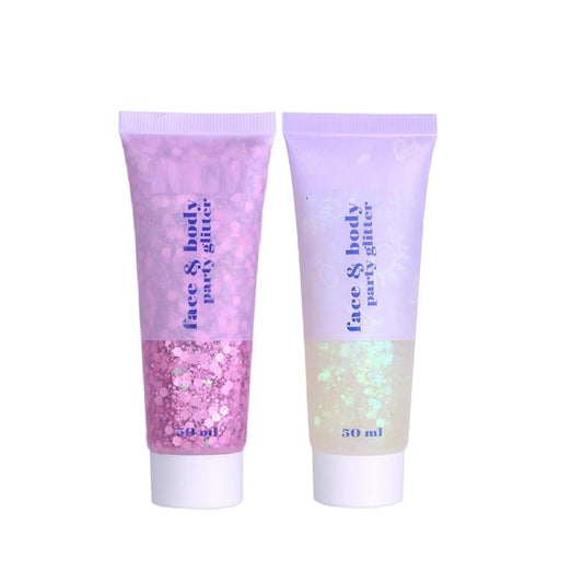 2 Color Face and Body Glitter Gel, Neon Outfit Glow Party for Body Hair Face Nail Glitter Stick Makeup.(03-Pink&06-White Moonbeam)