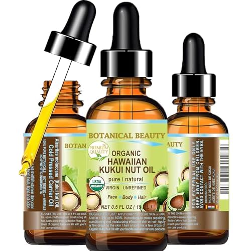 Botanical Beauty Certified Organic KUKUI NUT OIL 100% Pure Natural Virgin Unrefined Cold-Pressed Carrier Oil for Face, Skin, Body, Hair, Lip, Nails. Rich in Vitamin E (0.5 Fl Oz)