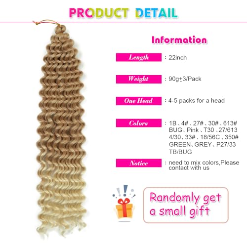 Deep Wave Curly Crochet Hair 22 Inch 3 Packs Curly Braiding Hair Extensions Ocean Wave Crochet Hair for Black Women Wavy Braiding Hair for Boho Box Braids (TBug, 22inch 3pack)