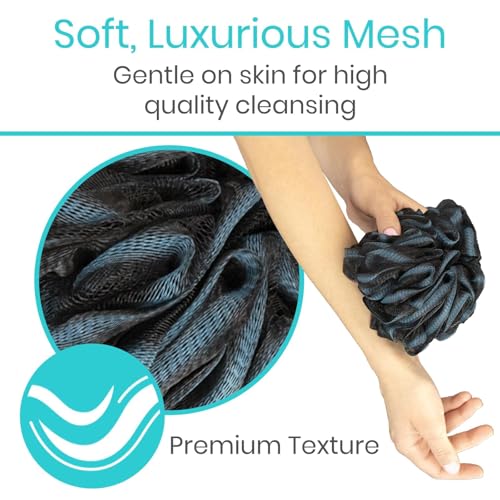 Vive Loofah Sponge Replacement (4 Pk) Shower & Bath Pouf Scrubber for Back & Body Exfoliation, Works with Vive Interchangeable Loofa Handle Long Brush (Replacement Sponge Black and Blue (4 Pack), 4)
