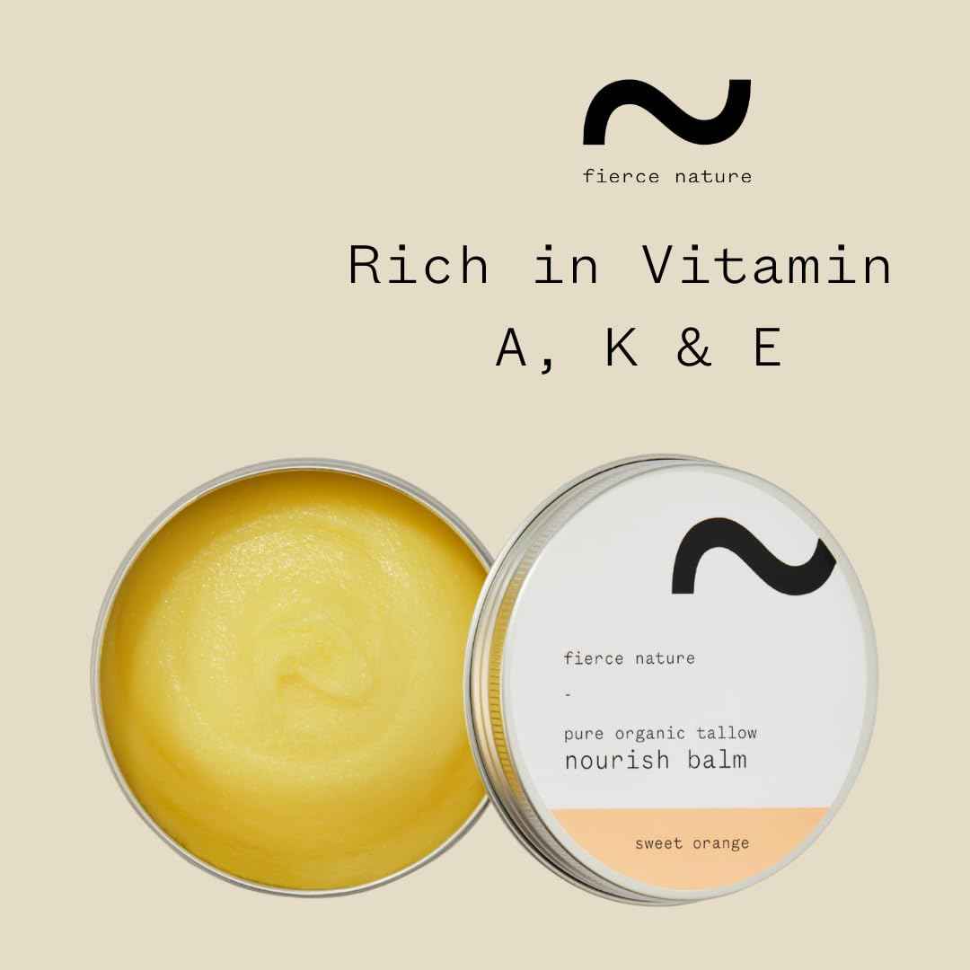 fierce nature Pure Nourish Tallow Balm | Organic, Vitamin-Rich Nourishing Body & Face Moisturizer | Natural, Essential Oil Free Skincare | (100g, Sweet Orange)