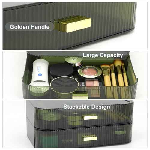 Makeup Organizer Drawers Stackable, Bathroom Vanity Organizers and Storage, Great for Cosmetics, skincare, Lipsticks, Nail Care (Green,1 Drawer)
