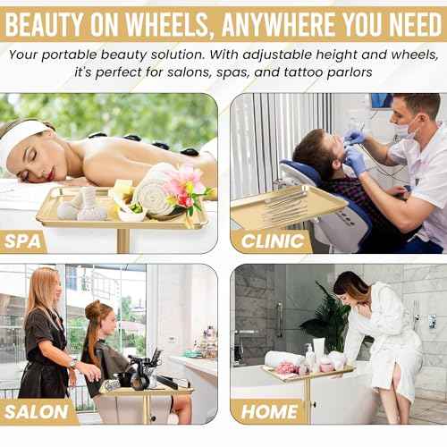 JayGlobal Gold Salon Tray On Wheels, Premium Aluminum Rolling Tattoo Tray, Height Adjustable Tattoo Cart Trolley for Hairstylist Salon, Spa & Clinic