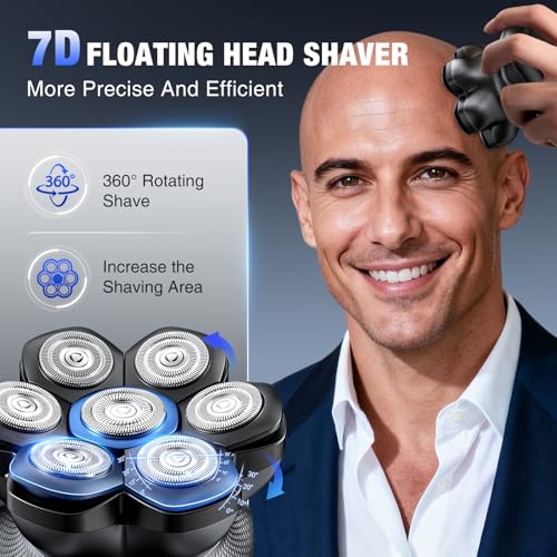 7D Head Shavers for Bald Men - 2026 New Dual Speed Electric Shaver, Bald Head Shaver with Magnetic Shaver Head IPX6 Waterproof Wet/Dry Use Shaving Balding Clipper LED Display Cordless Head Razor Gray