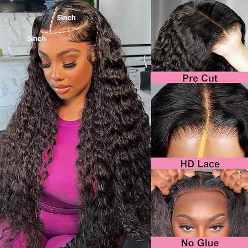 26 Inch Wear and Go Glueless Wigs Human Hair Pre Cut 200% Density Water Wave 5x5 HD Lace Closure Wigs Human Hair with Baby Hair Pre Plucked Natural Hairline Wet and Wavy Wig for Women