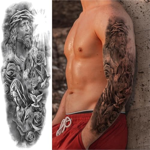 Christian Cross Temporary Tattoo Sleeve - 6 Sheets Religious Jesus Design