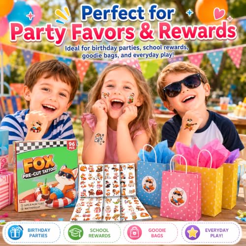 96pc Fox Temporary Tattoos for Kids | Waterproof Party Favors