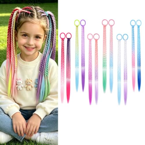 12Pcs 16 Inch Colorful Braided Hair Extensions with Rubber Bands for Girls, Festival & Party Hair Accessories