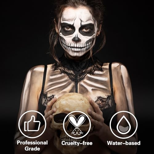 BOBISUKA Black and White Face Body Paint Kit, Water Based Face Painting for Halloween Clown Skeleton Joker Zombie Mime Sugar Skull Makeup for Women Adults, Non-Toxic Washable