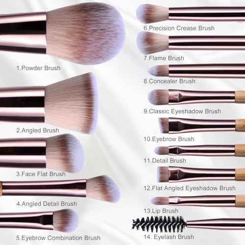 BS-MALL 14 Pcs Makeup Brushes Set with 1 Pcs Makeup Sponge ? Essential Foundation Powder Concealers, Eye Shadows, Blush Makeup Brushes with Travel Makeup Case (Bamboo)