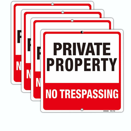 Robust Aluminum Private Property No Trespassing Signs - 9x9 inch, 40 Mil Thick, UV Ink Printed, Weatherproof, 4-Pack for Outdoor Use, Red and White, Outdoor Yard Sign for Home and Front Door