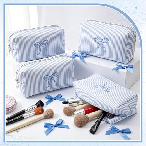 Blue Bow Seersucker Cosmetic Bags Set of 6 - Women's Travel Makeup Pouches