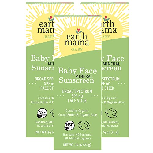 Earth Mama Baby Face Mineral Sunscreen Stick SPF 40 | Reef Safe, Non-Nano Zinc, Contains Organic Cocoa Butter & Aloe | Babies, Kids & Family 0.74-Ounce