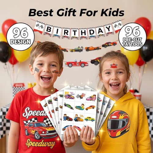 96 Pre-Cut Race Car Temporary Tattoos for Kids