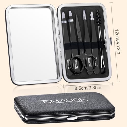 TsMADDTs Tweezers Set for Men - Professional Eyebrow Tweezers for Hair & Ingrown Hair Plucking with Scissor, Mirror, Travel Case (Black)