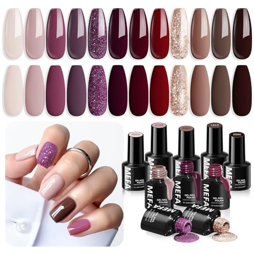 MEFA 12 Colors Gel Nail Polish Set - Soak Off Burgundy & Gold Glitter