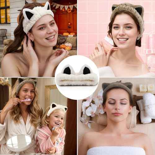 2 Pcs Cat Ears Headband, Cute Spa Headbands for Washing Face Skincare Makeup Headbands for Women Girls Trendy Stuff Present Soft Coral Fleece Hair Accessories(Beige Khaki)
