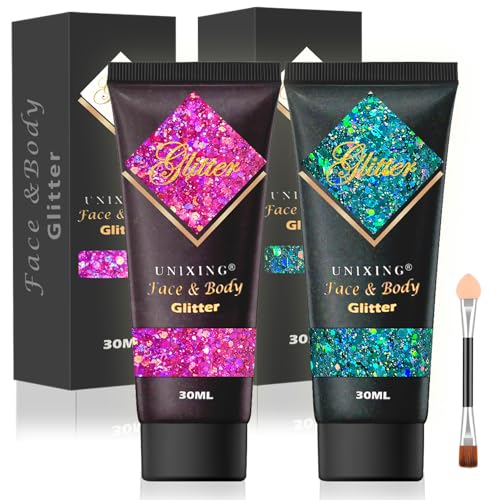 Face Glitter Gel, Holographic Body Glitter Gel for Hair, Body, Face, Lip, Eyeshadow, Sequins Glitter Face Paint, Chunky Glitter for Makeup, Sparkling Glitter Makeup for Concerts Music Festival Rave