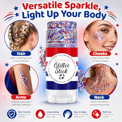 FNOLECY Patriotic Red White & Blue Glitter Stick for Face Hair & Body - Variation 02
