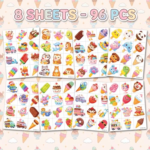 96 Ice Cream Temporary Tattoos for Kids | Colorful Designs