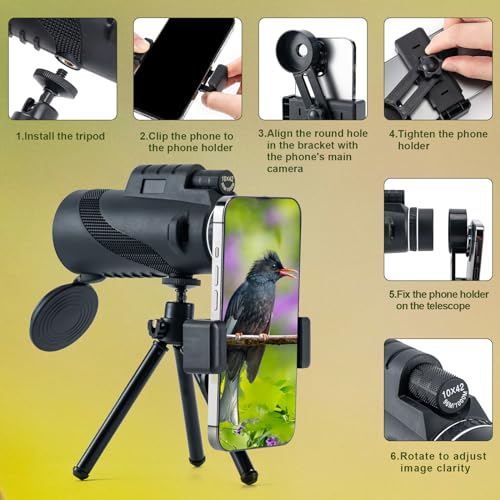 BOOMIBOO 10X42 Monoculars for Adults High Powered, FMC Multi-Layer Coated Lenses & BAK4 Prism with Smartphone Holder & Tripod, Compact Telescope for Camping Hiking Bird Watching