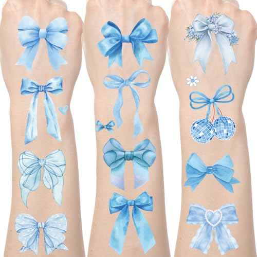 Blue Bow Temporary Tattoos - 200+ Blue Coquete Birthday Decorations Bow Themed Party Favors Ribbon Tattoo Stickers Gifts Wedding Birthday Bridal Shower Supplies Prizes Rewards for Girl Women