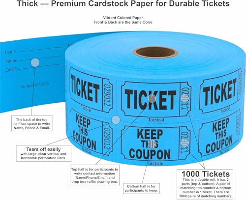 Tacticai 1000 Raffle Tickets, Blank, Pink (8 Color Selection), Double Roll for Events, Entry, Class Reward, Fundraiser & Prizes