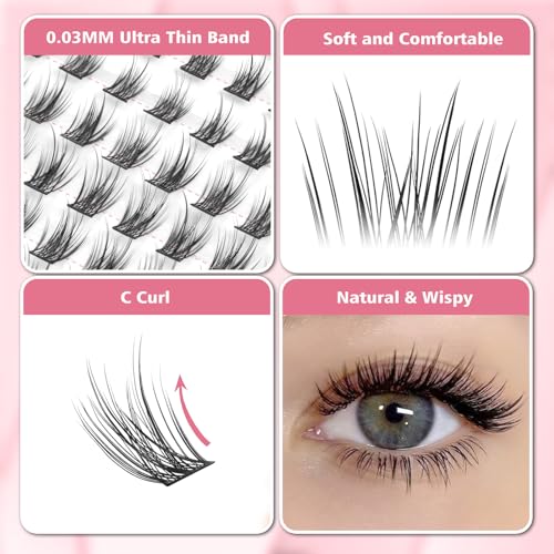 DIY Lash Clusters, Individual Lashes Extensions Wispy Cluster Lashes 8-16mm Mix Lengths C Curl 0.07mm Thickness Eyelash Clusters Home Use False Eyelashes Apply Under Your Lashes