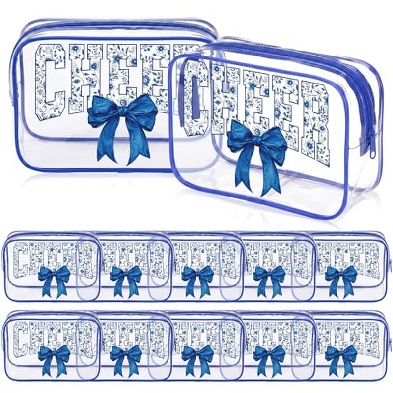 12Pcs Clear Cheer Makeup Bags with Blue Bow - Team Cosmetic Pouches