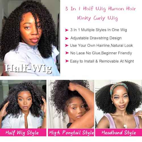 250% Density Kinky Curly Half Wig Human Hair 3 In 1 Seamless Flip Over Glueless Wigs Human Hair With Drawstring Beginner Friendly Headband Wig Wear and Go Wig Human Hair Afro Wig 16inch