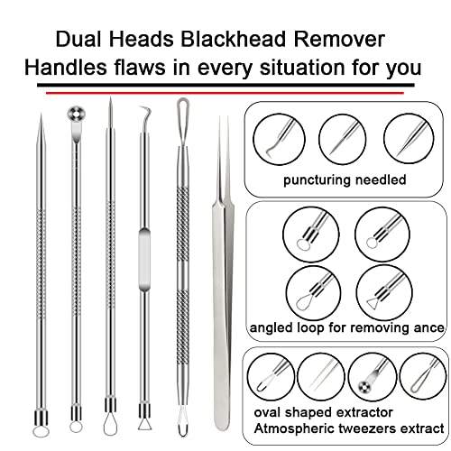 Blackhead Remover Tool Kit - 6 Pcs Acne & Blemish Extraction Set - Silver