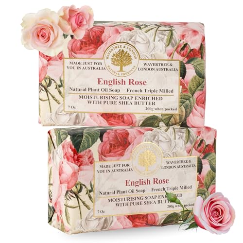 Wavertree & London English Rose Scented Natural Soap Bars for Women & Men (2 x 7oz) ? Moisturizing Triple-Milled Soap Bars Enriched with Shea Butter ? Plant-Based Bath & Body Bar for All Skin Types