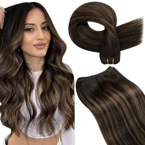 LaaVoo Weft Hair Extensions Human Hair Brown Weft Extensions Real Human Hair Silky Straight Sew in Hiar Extensions Dark Brown Mix Light Brown Balayage Short 14 Inch 80g