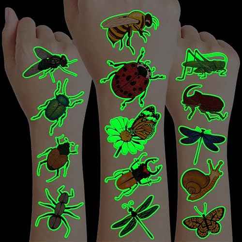 96PCS Glow in The Dark Bug Temporary Tattoos for Kids ? Luminous Bug Stickers for Boys Girls Birthday Party Favors, Halloween Decorations, School Rewards, Bug-Themed Gifts (Luminous)
