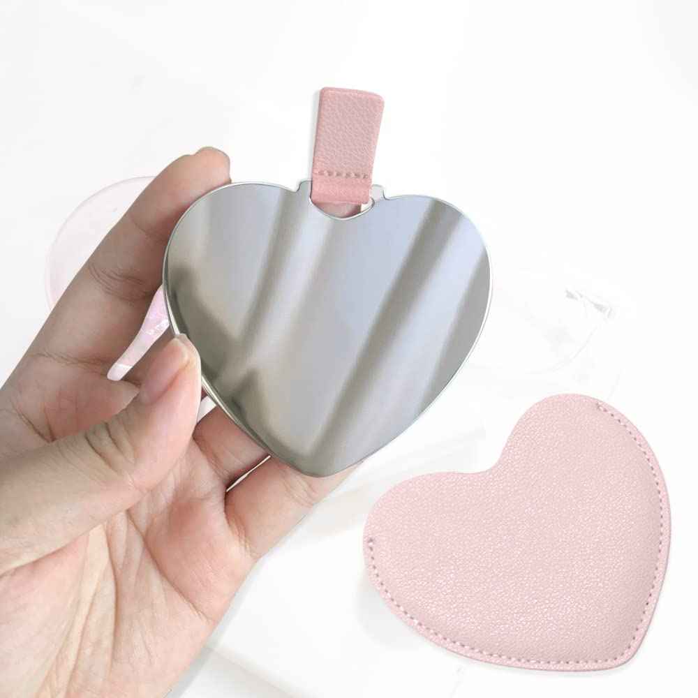 SNOMEL Compact Stainless Steel Mirror, Heart Shaped Shatterproof Pocket Mirror with PU Leather Sleeve, Mini Unbreakable Purse Mirror Portable for Travel Makeup Bag, for Women Girls, Pink