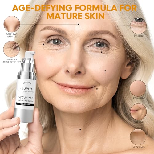 Super Vitamin C Serum, 20% Vit C Anti Aging & Wrinkle Retinol Face Serum With Hyaluronic Acid, Vitamin E, Caffeine, Peptides For Women Face Fine Lines Wrinkle Brightening - 1 Fl Oz