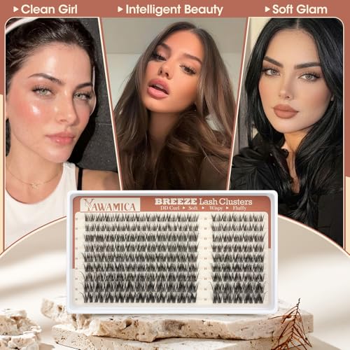 Yawamica Spider Lash Clusters DIY Eyelash Extensions 10-16mm (Spider Glam-10-16mm) DD Curl, Clear Band