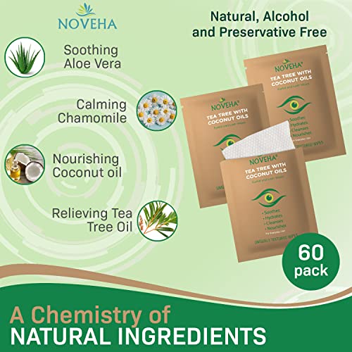 NOVEHA 180PCs Tea Tree & Coconut Oil Eyelid & Lash Wipes | For Demodex, Blepharitis & Itchy Eyes - Effective Eyelash Wipes With Aloe Vera, Natural Makeup Remover & Daily Eye Cleanser - (Pack of 3)