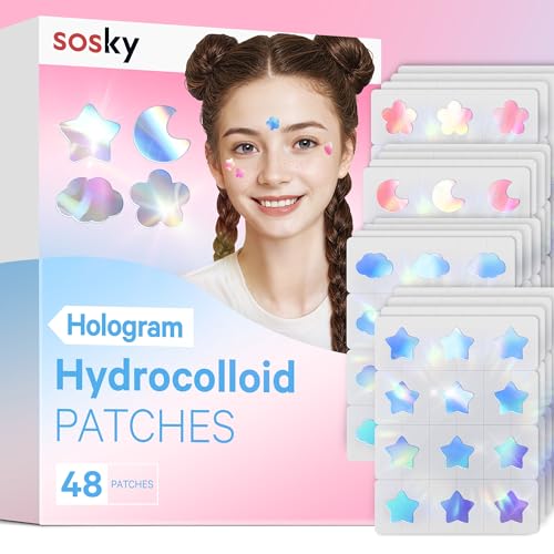 Sosky Hologram Acne Pimple Patches, Hydrocolloid Zit Stickers, 48 Count