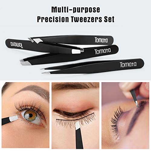 Tomata 4-Piece Stainless Steel Eyebrow Tweezer Set - Precision Slant & Pointed Tips