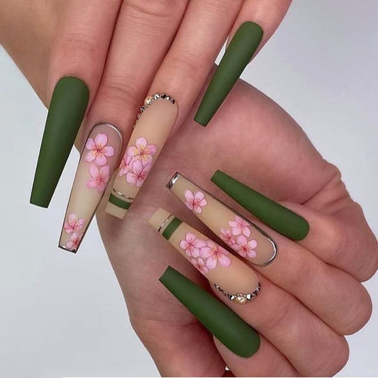 DOUBNINE Press On Nails Long Coffin Green Matte Sakura Pink Flower French Tip Vintgae Matte Acrylic False Nails with Jelly Double Sided Adhesive Luxury Full Cover Stick On Nails for Women