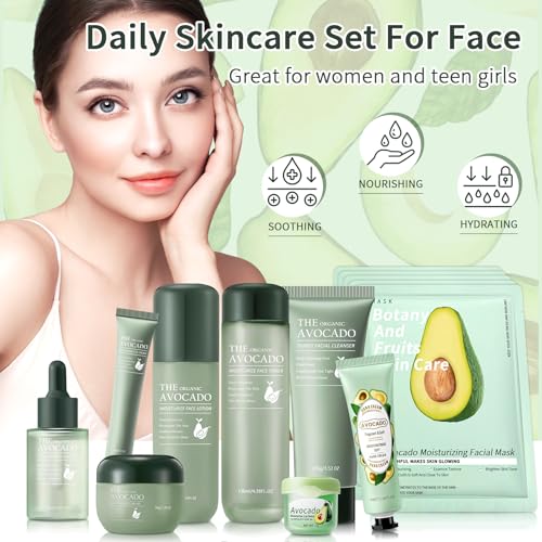 Avocado Skin Care Set, 13-In-1 Travel Skincare Kits for Hydrating & Soothing Skin, Daily Care Routine Kit with Avocado, Anti Aging Facial Kit for Women, Reduces Acne, Fine Lines & Wrinkles.