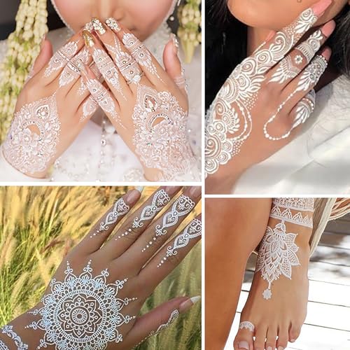6 Sheets Henna Tattoos Temporary Stickers Flower Lace Lotus Pattern Waterproof Women Body Party Masquerade Halloween DIY Face Arms Legs Art Decoration (White)