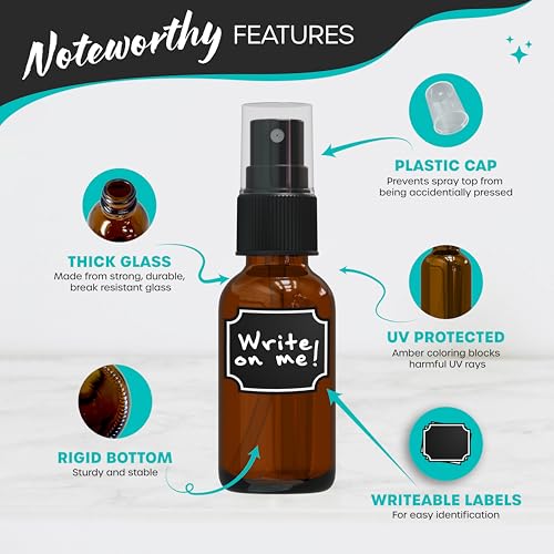 Nevlers Amber Glass Spray Bottles Small 1 Oz 48 PK | Mini Spray Bottle Set w/Amber Bottles, Shrink Wrap, Labels, Marker, Funnel & Brush | Travel Size Mist Bottle For Use as Oil Mister & Hair Mister