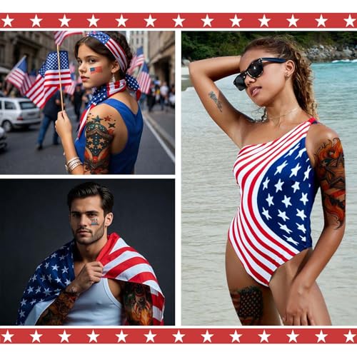 32 Sheets Independence Day Temporary Tattoos, USA Flag Patriotic Waterproof Fake Tattoos, Red White Blue Party Supplies Temp Tattoo Kits 4th of July Memorial Day, Veterans Day, Summer Festivals