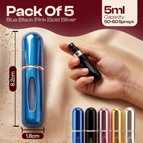5ml Travel Perfume Atomizer Bottle – Refillable Leakproof Sprayer, Color Options Blue Black Pink Gold Silver