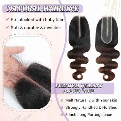 2x6 HD Lace Closure Body Wave T1B/2/30 Chestnut Brown Ombre 2x6 Transparent Lace Closure 3 Tone Ombre Medium Auburn Colored 100% Virgin Human Hair 150% Density 16 Inch