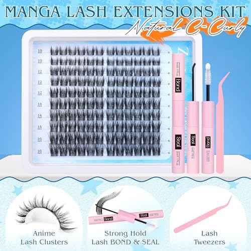 Manga Lash Clusters Kit Anime Eyelash Clusters Natural Look Clear Band Fairy Cluster Eyelash Extensions Spikes Individual Lashes Kit with Lash Bond&Seal, Tweezers 10-16MM 120Pcs by Zegaine